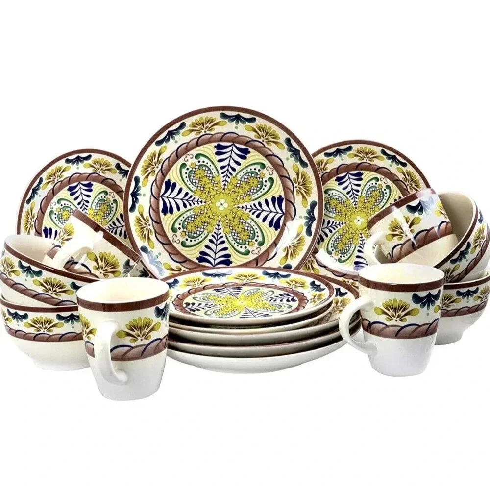 Elama Countryside Sunrise Stoneware Dinnerware Set 16 Pieces Yellow Multicolor